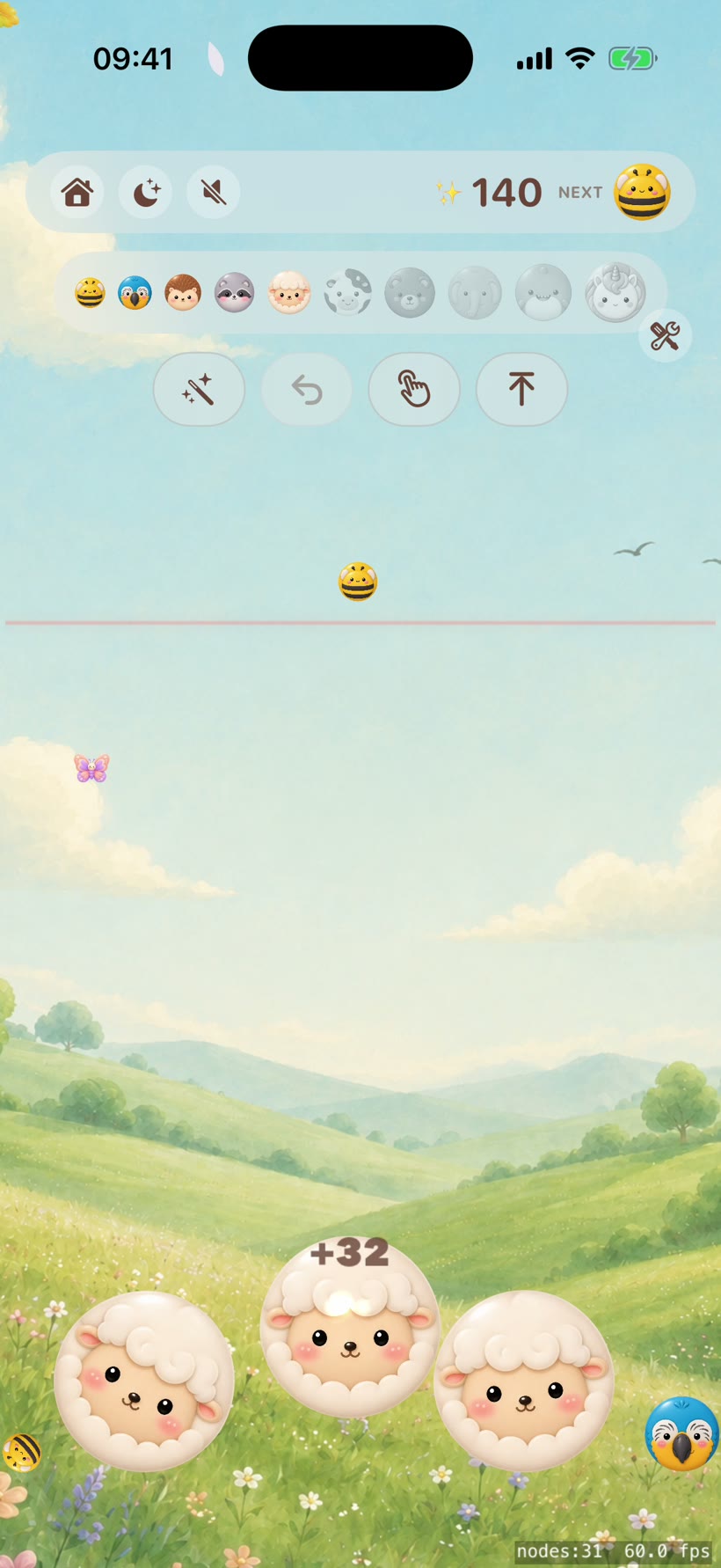 Meld gameplay — cute animals merging in a sunny meadow