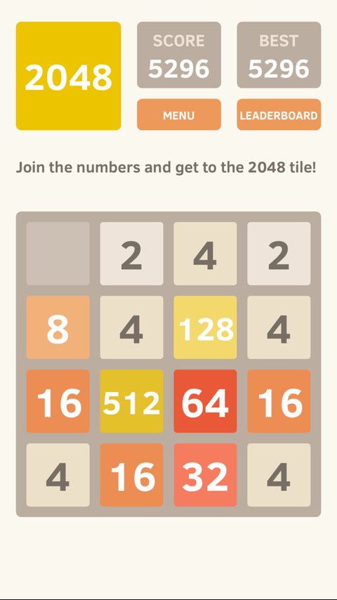 2048 screenshot — sliding numbered tiles to reach the 2048 tile