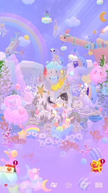 Tap Tap Fish: AbyssRium gameplay screenshot — a dreamy pastel aquarium full of cute fish and corals