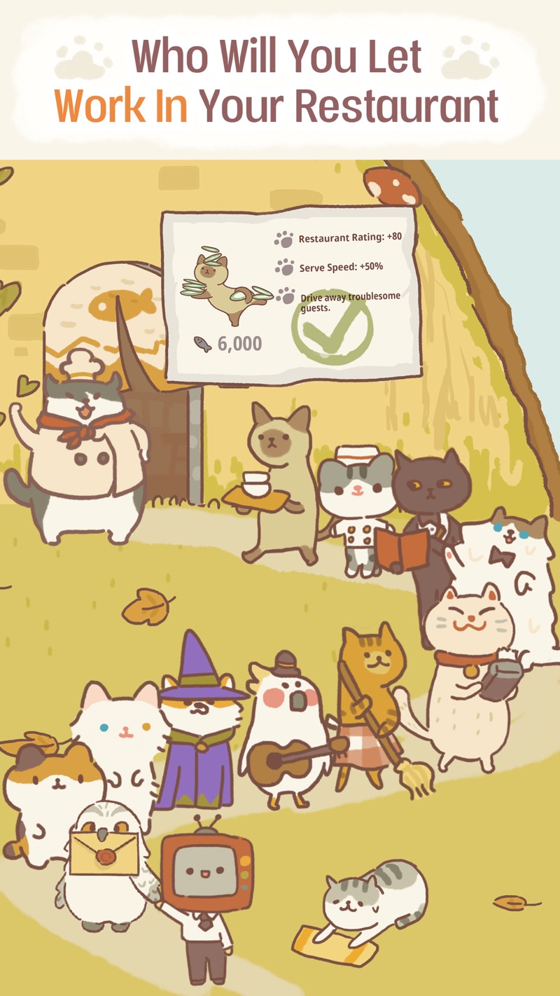 Animal Restaurant gameplay screenshot — a cute idle restaurant of animal staff and customers you grow over time, in the relaxing drop-in rhythm of Tsuki's Odyssey