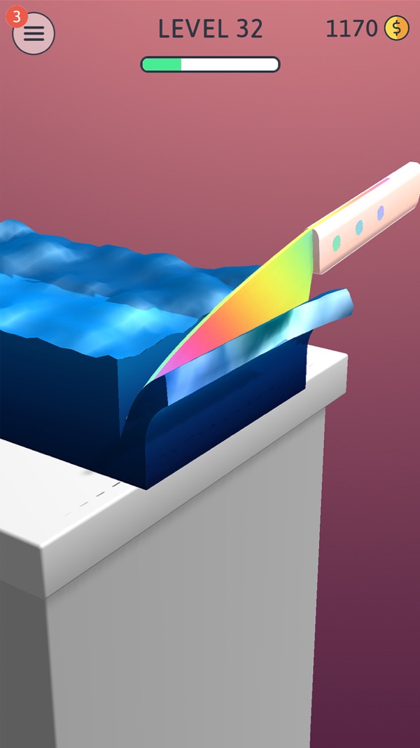 ASMR Slicing screenshot — a rainbow blade gliding through a block of kinetic sand