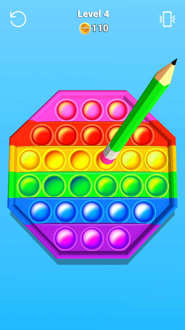 ASMR Studio 3D screenshot — a rainbow octagon pop-it being pressed with a stylus