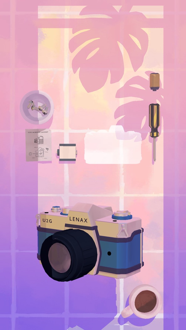 Assemble with Care screenshot — gently repairing a vintage camera in soft evening light