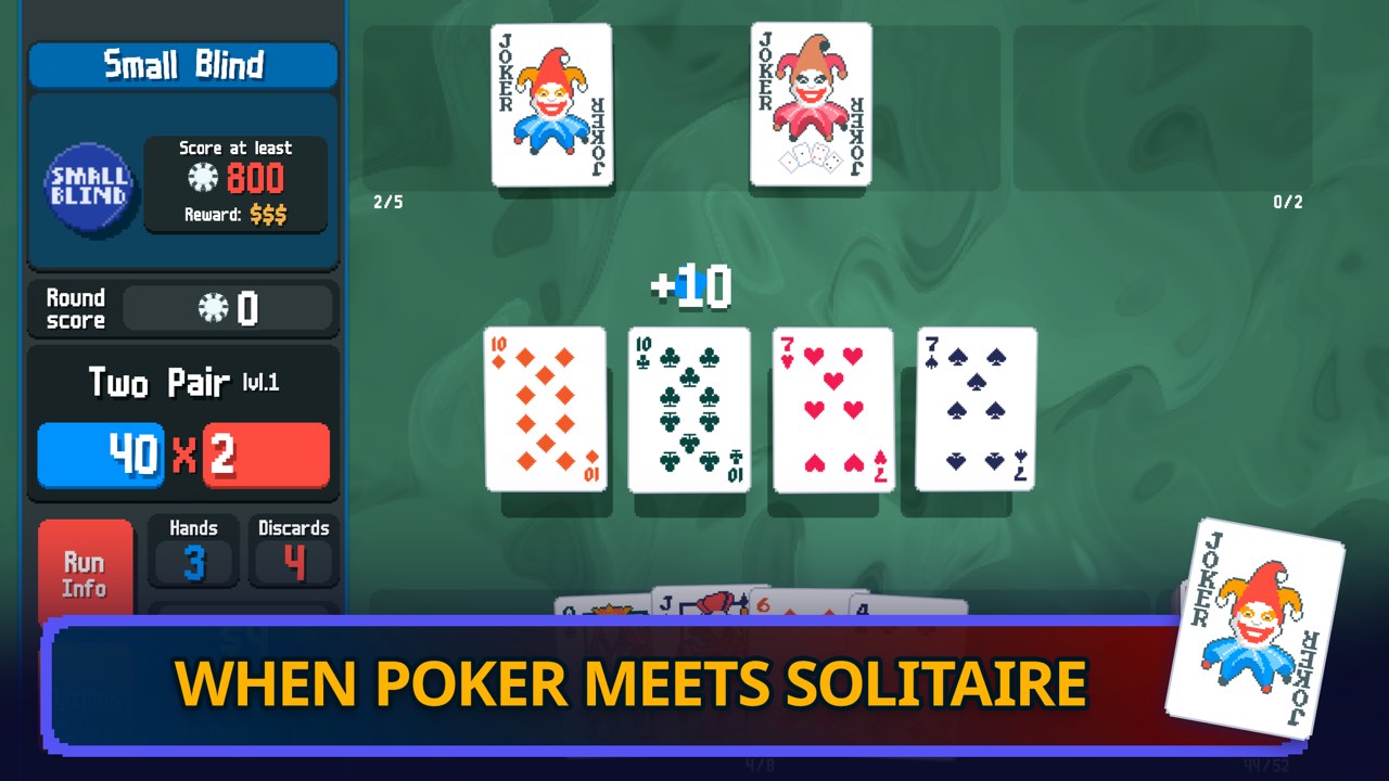 Balatro screenshot — building a poker hand with joker cards for a high score