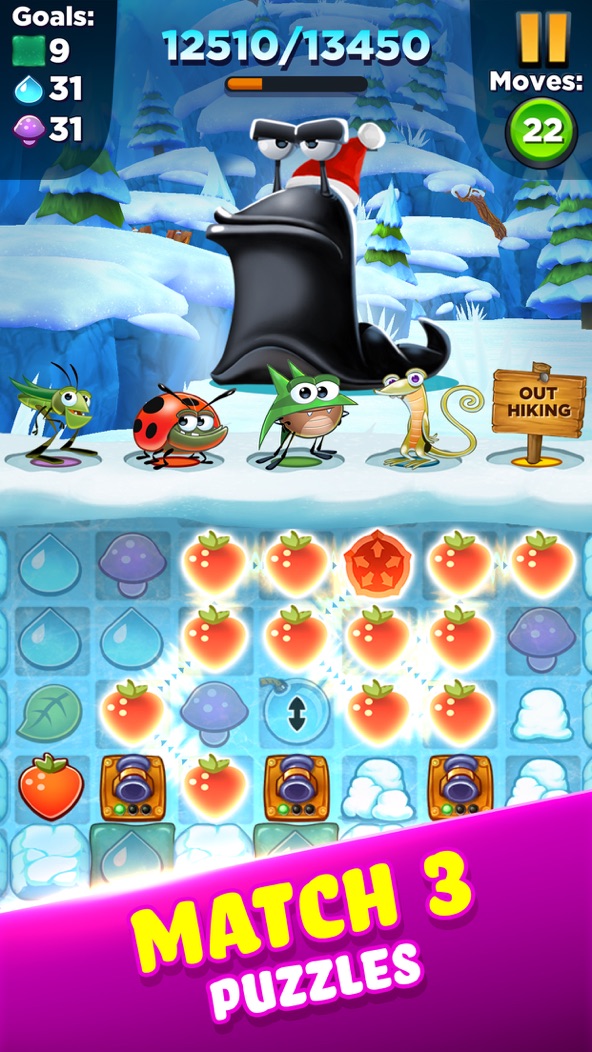 Best Fiends screenshot — matching coloured slugs and leaves on a board to defeat a boss