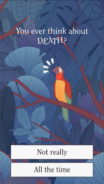 Bird Alone gameplay screenshot — a beautifully illustrated parrot among deep-blue leaves, asking a gentle question