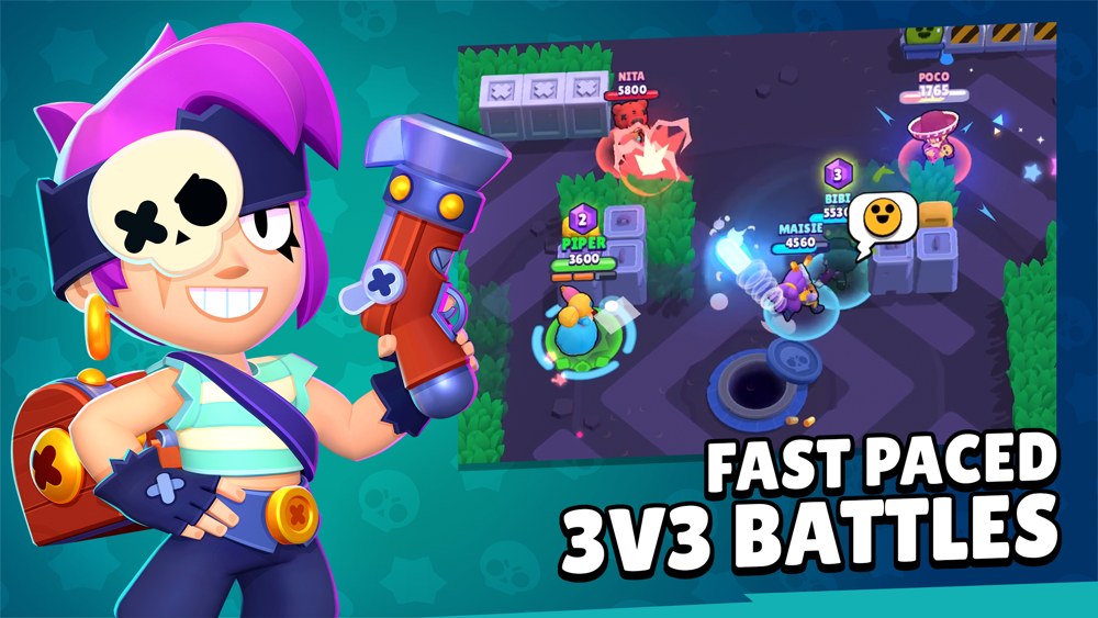 Brawl Stars gameplay screenshot — a fast-paced 3v3 top-down arena battle