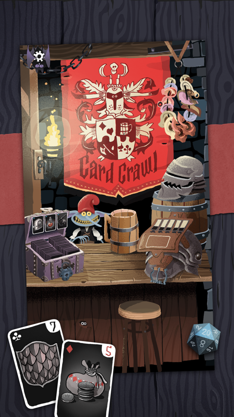 Card Crawl screenshot — a solitaire-style dungeon laid out as a grid of cards on a wooden table