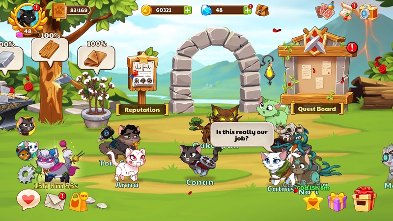 Castle Cats gameplay screenshot — a guild of heroic cats sent on idle quests, a cute cat collector like Neko Atsume