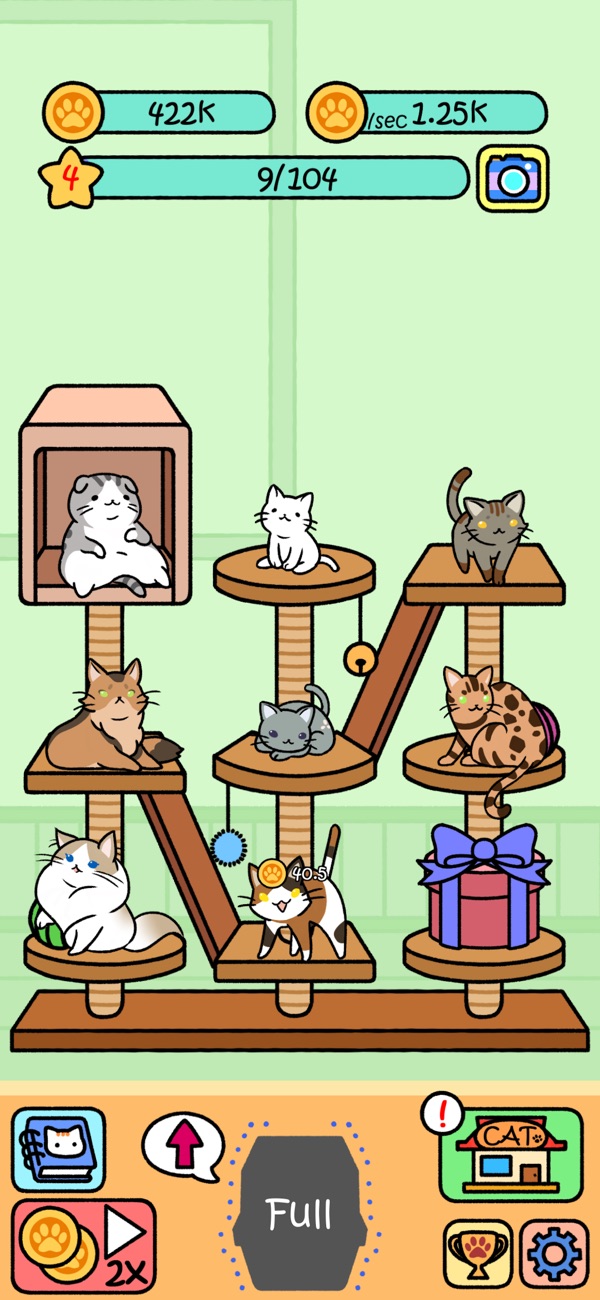 Cat Condo gameplay screenshot — merging matching cats up a cat-tower to discover new breeds, the merge mechanic closest to Meld