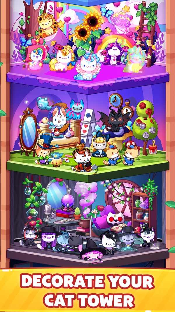 Cat Game gameplay screenshot — a decorated cat tower full of collectible cats, a cute Neko Atsume-style collector