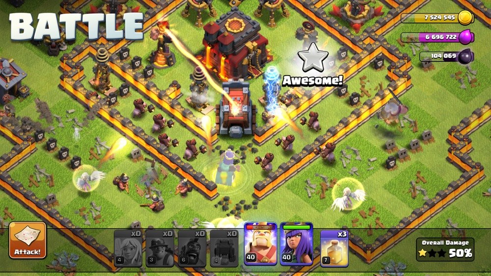 Clash of Clans gameplay screenshot — attacking a fortified village with troops
