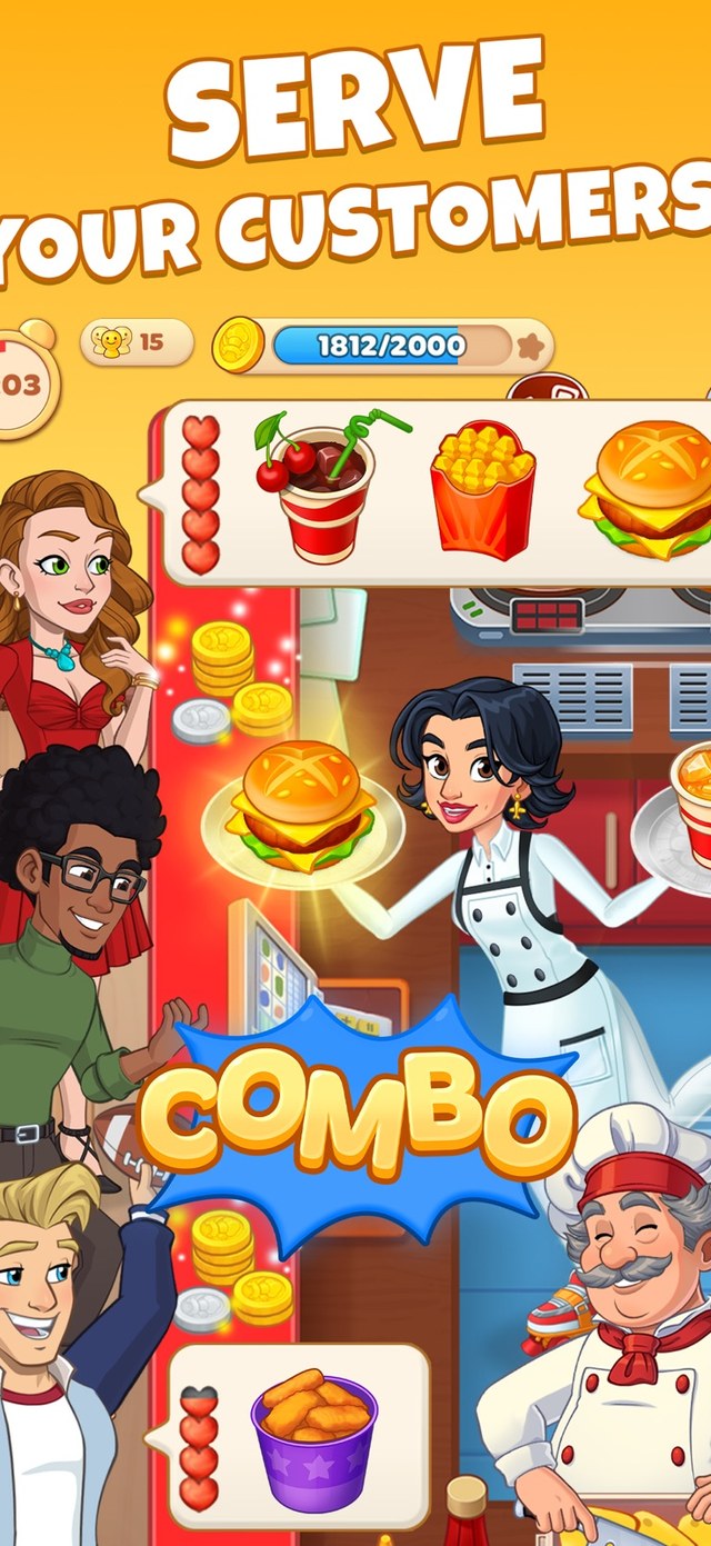 Cooking Diary gameplay screenshot — serving customers and filling orders in a cozy restaurant, a cooking sim like Good Pizza, Great Pizza