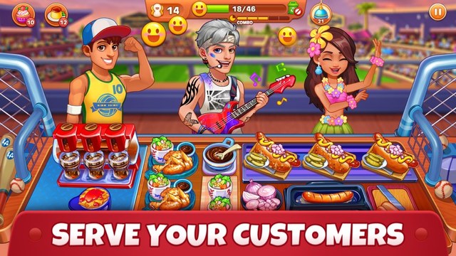 Cooking Madness gameplay screenshot — a busy cooking counter serving customers, a fast cooking game in the Good Pizza, Great Pizza family