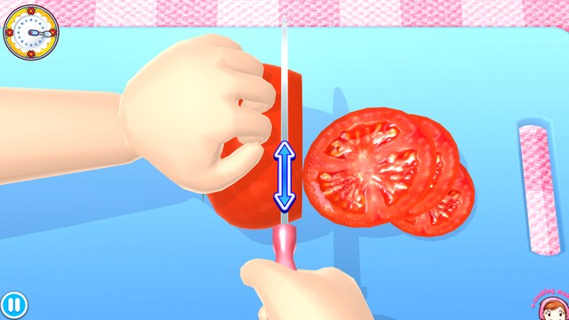 Cooking Mama: Cuisine! gameplay screenshot — slicing a tomato by hand, the tactile cooking of a Good Pizza, Great Pizza style game