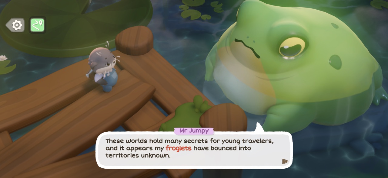 Cozy Caravan screenshot — a character chatting with a giant friendly frog by a pond