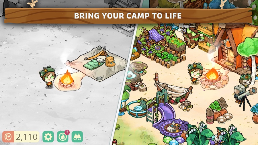 Cozy Grove gameplay screenshot — a hand-drawn forest camp you bring to life, a daily cozy ritual like Cats and Soup