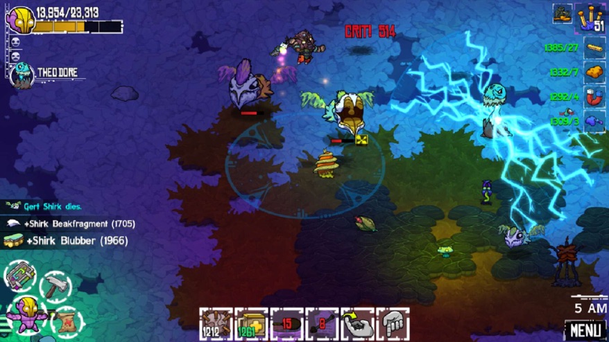 Crashlands screenshot — a marooned hero fighting alien creatures in a colourful crafting world