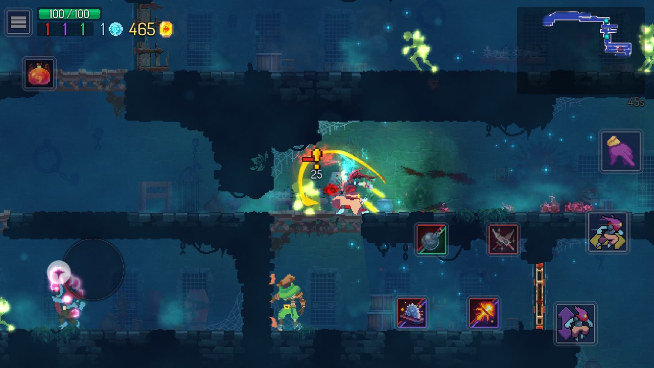 Dead Cells screenshot — a glowing pixel-art warrior fighting through an atmospheric dungeon