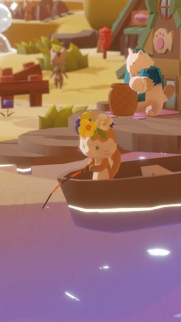 Dear My Cat gameplay screenshot — soft pastel cats relaxing by the water on a dreamy sky island