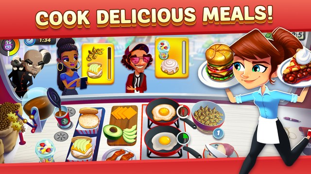 Diner DASH Adventures gameplay screenshot — seating and serving customers in a busy diner, a cooking and serving game like Good Pizza, Great Pizza