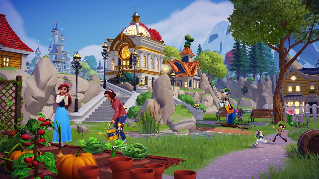 Disney Dreamlight Valley screenshot — a cozy village with Disney characters, a castle, and a garden