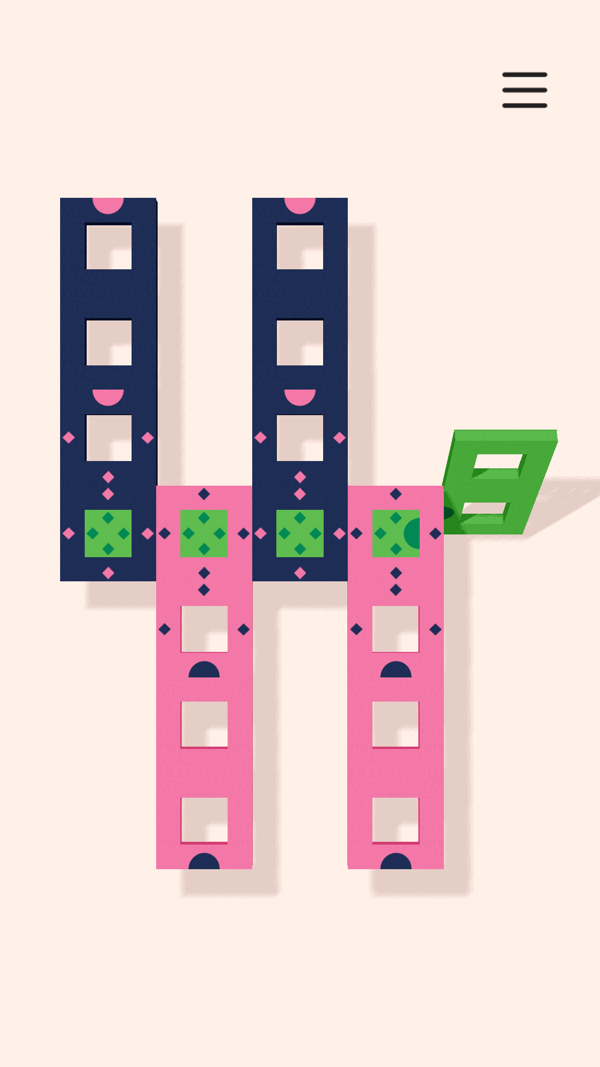 Dissembler gameplay screenshot — swapping coloured tiles to clear a calm minimal grid, a gentle logic puzzle like Two Dots