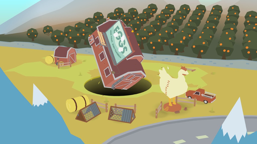 Donut County gameplay screenshot — a hole in the ground swallowing objects in a desert town
