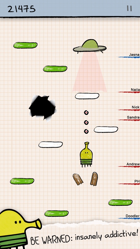 Doodle Jump gameplay screenshot — a doodle creature hopping up sketched platforms