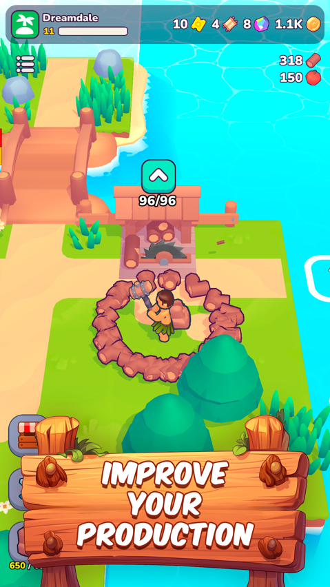Dreamdale gameplay screenshot — a bright island village you build and expand, a free cozy adventure like Animal Crossing
