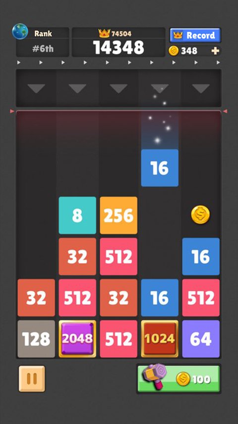 Drop The Number gameplay screenshot — dropping numbered blocks into columns to merge