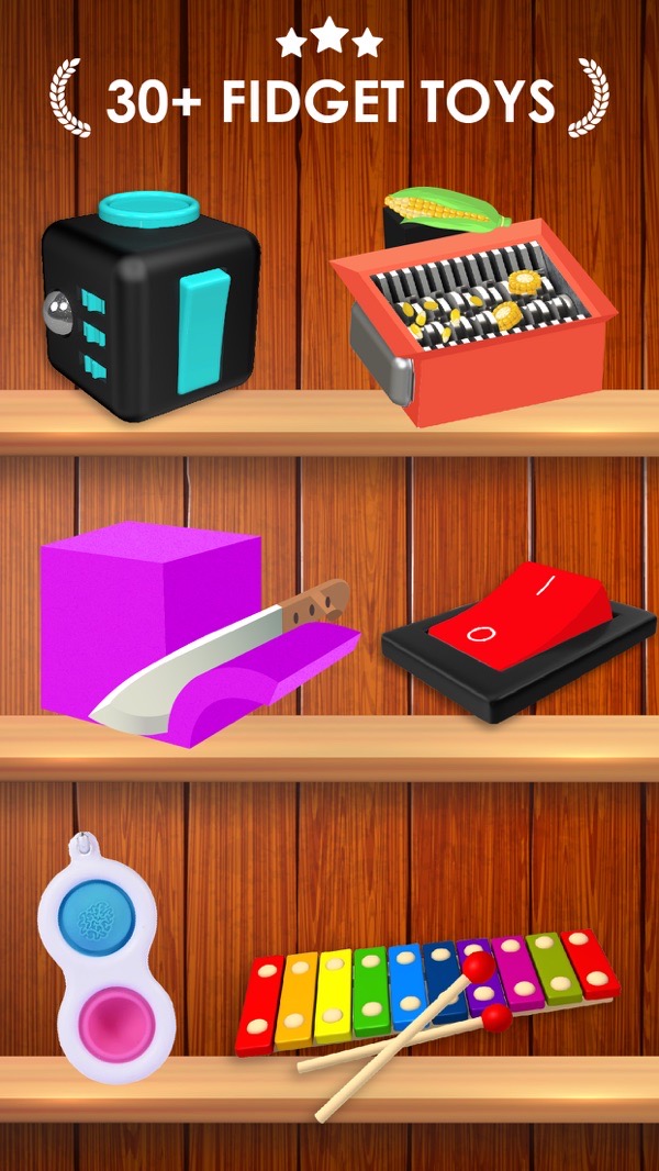 Fidget Toys 3D screenshot — a shelf of virtual fidget toys to click and pop