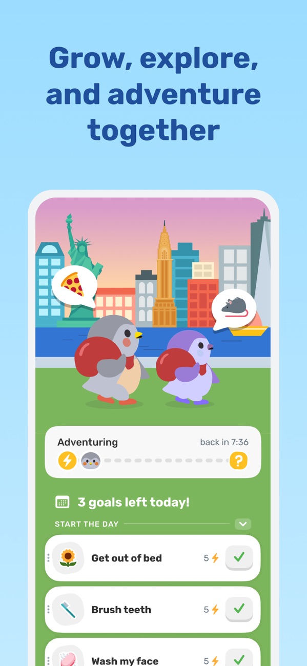 Finch screenshot — a cute self-care pet bird with a daily goals checklist and an adventuring timer
