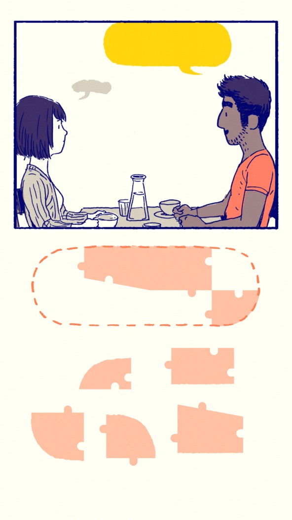 Florence screenshot — a tender illustrated scene of two people sharing a meal