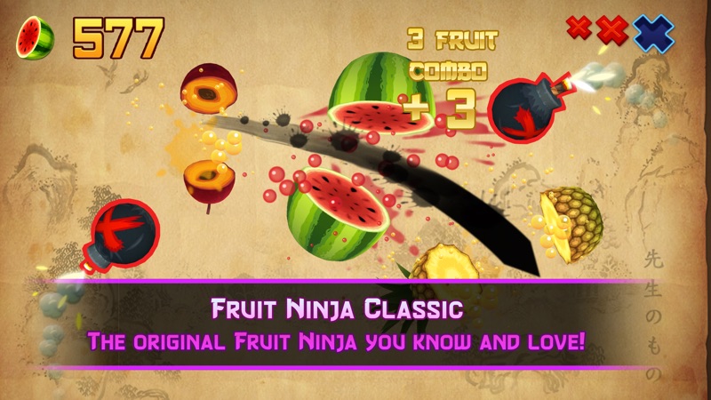 Fruit Ninja Classic gameplay screenshot — a blade slicing watermelon and fruit