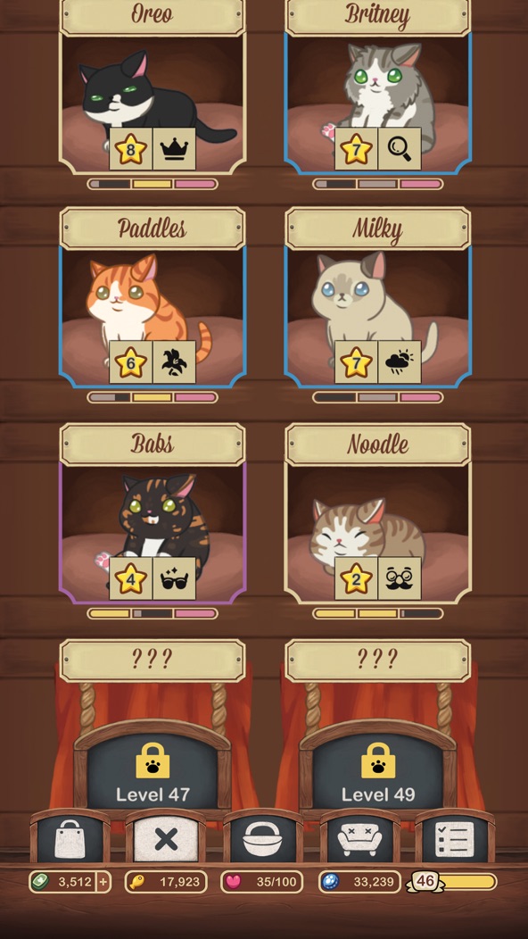 Furistas Cat Cafe gameplay screenshot — a roster of adorable adopted cats to care for, a cute collector like Neko Atsume