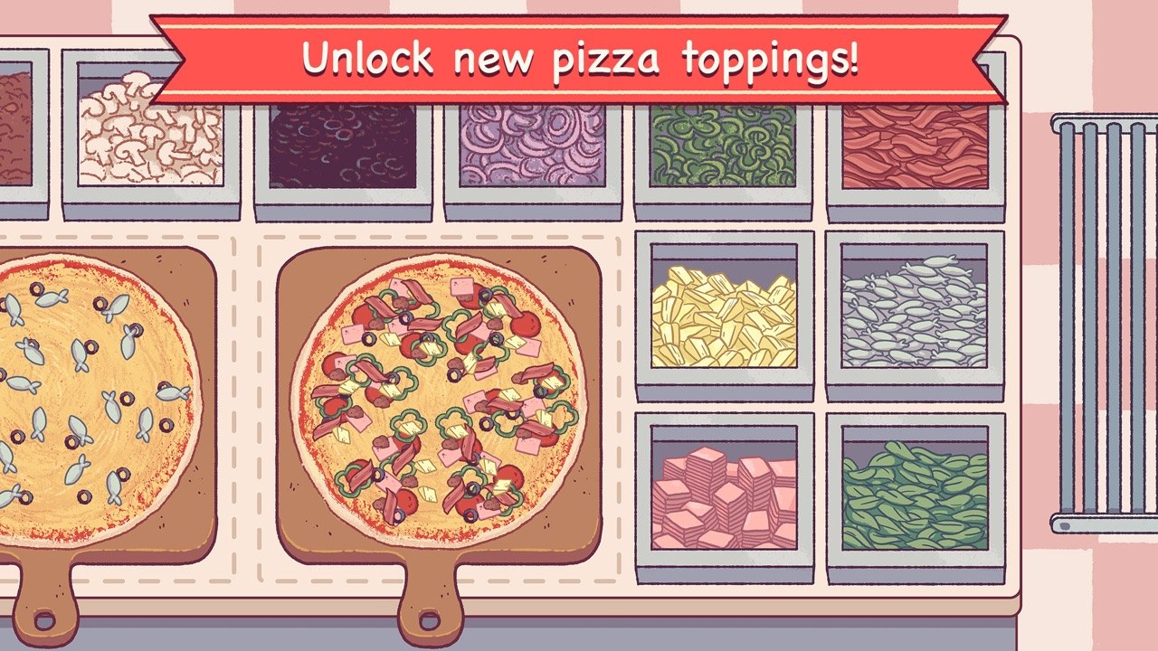Good Pizza, Great Pizza screenshot — building pizzas to order with a tray of toppings