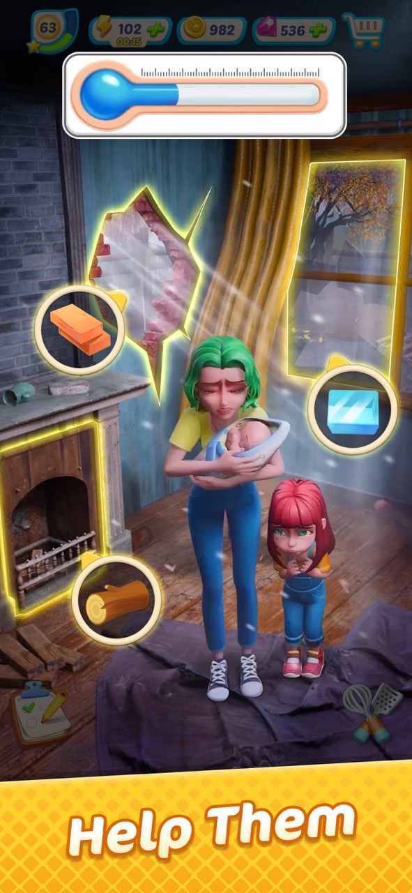 Gossip Harbor screenshot — an energy meter above a story scene in a merge game