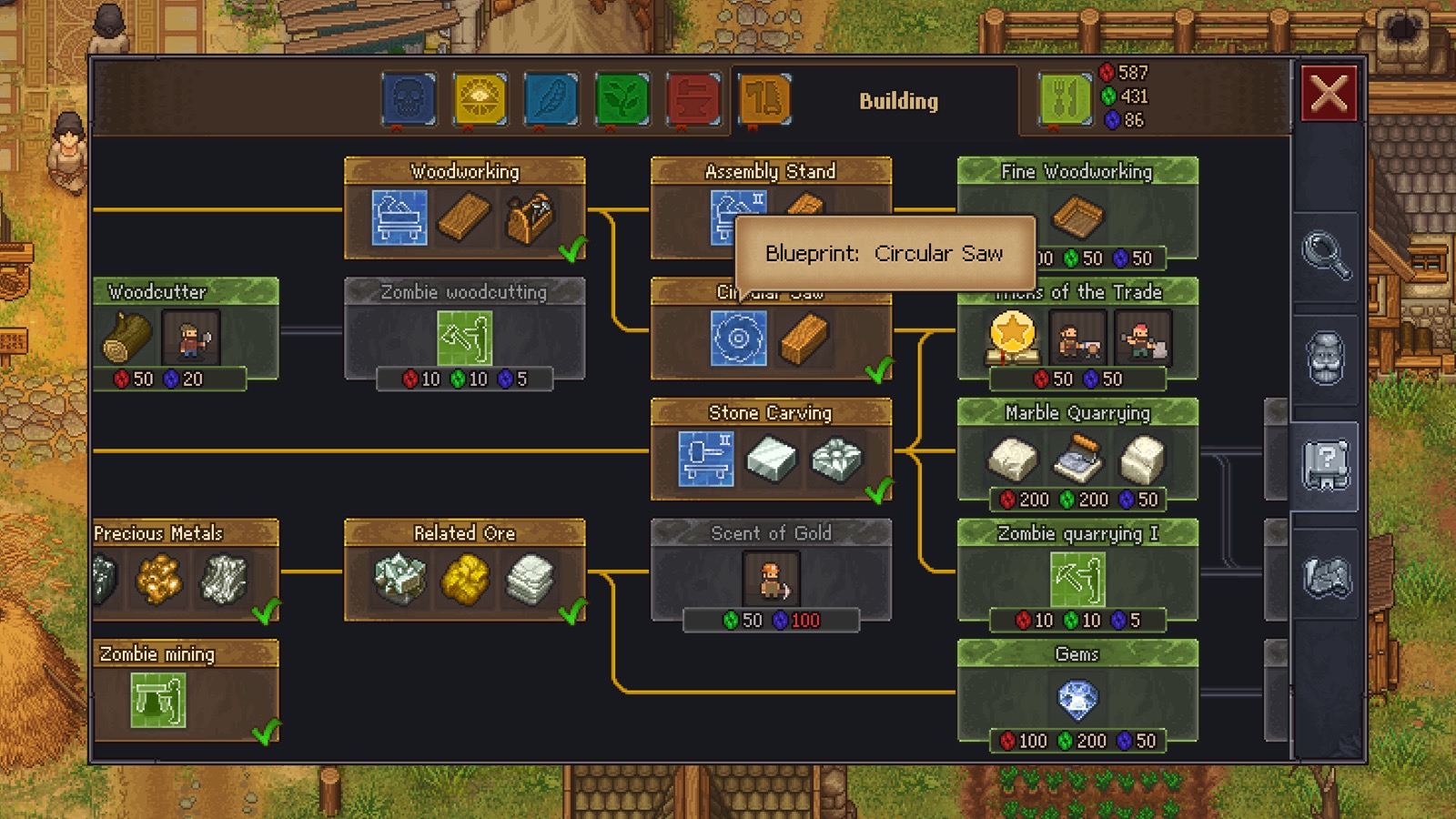 Graveyard Keeper gameplay screenshot — a deep crafting tech tree, a build-and-craft sim in the spirit of Stardew Valley