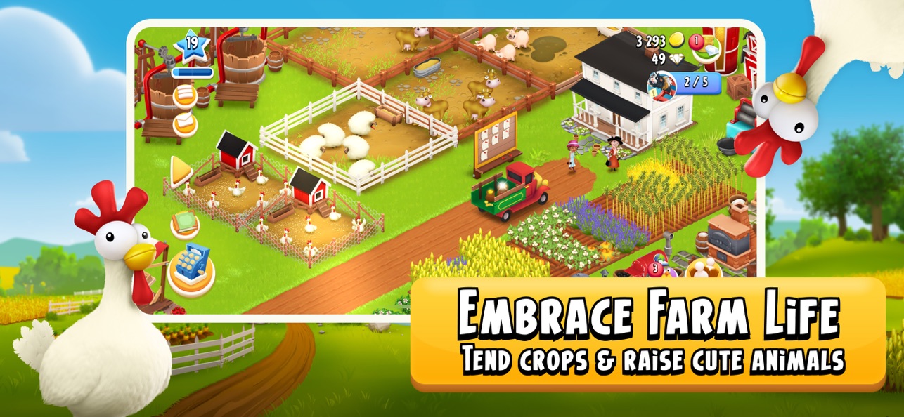 Hay Day gameplay screenshot — a bright farm with crops and animals, a friendly free farm-builder like Stardew Valley