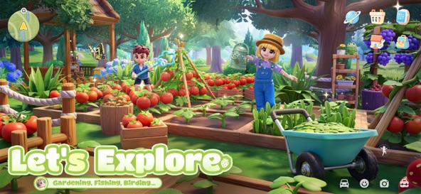 Heartopia gameplay screenshot — a bright cozy town with gardening and crafting, a cute social life-sim like Cats and Soup
