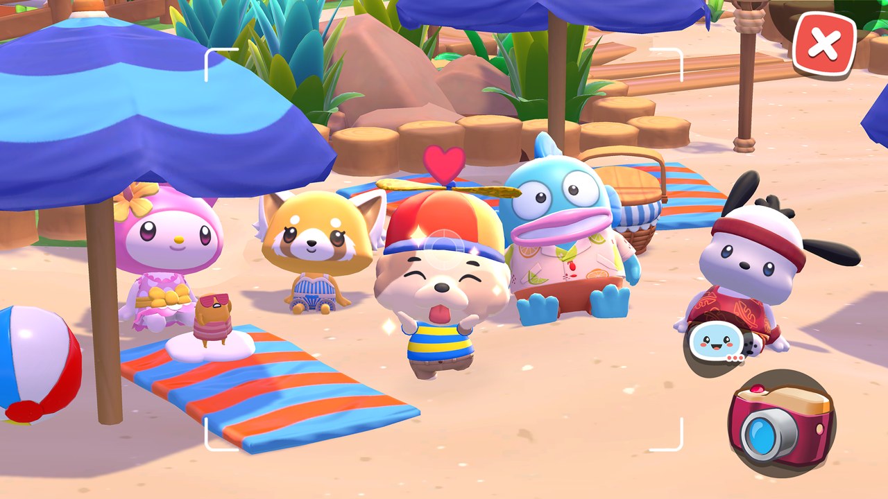 Hello Kitty Island Adventure screenshot — Sanrio characters relaxing on a sunny beach