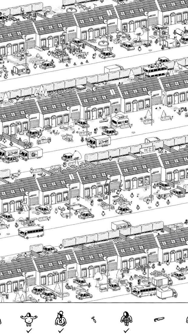 Hidden Folks screenshot — a black-and-white hand-drawn town scene full of tiny characters to find