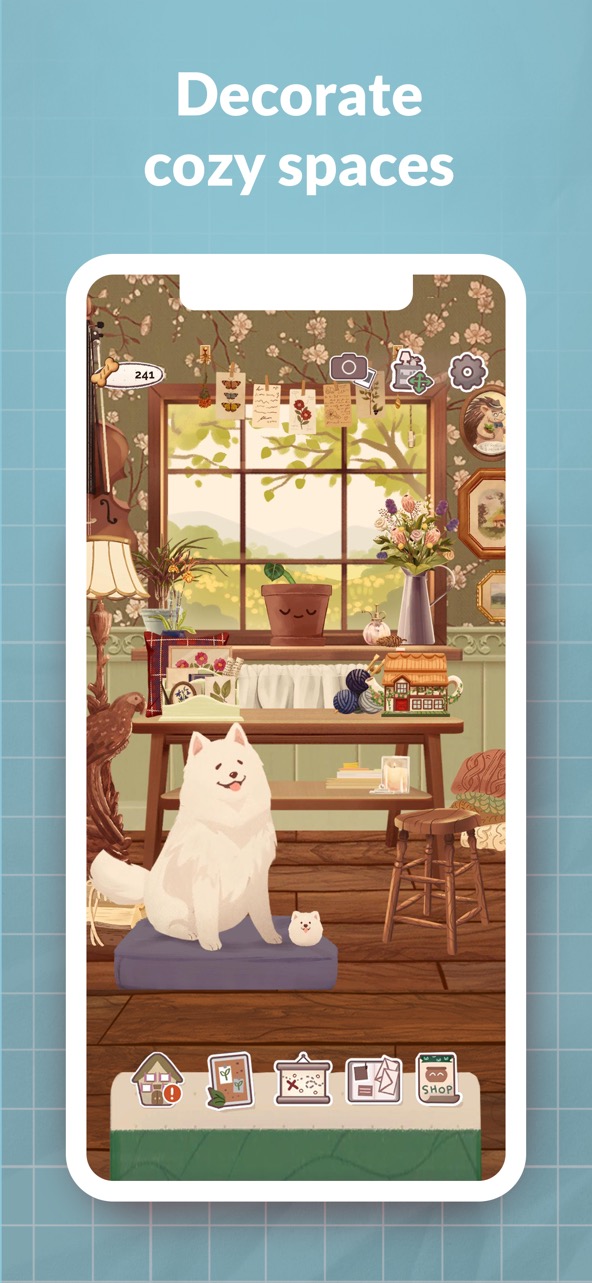 Kinder World screenshot — watering cozy houseplants in a warm, soft-lit room