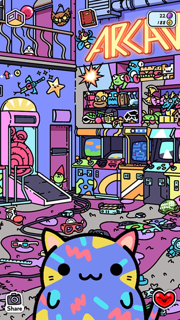 KleptoCats gameplay screenshot — a cat-filled room you decorate with stolen treasures, a cute collector like Neko Atsume