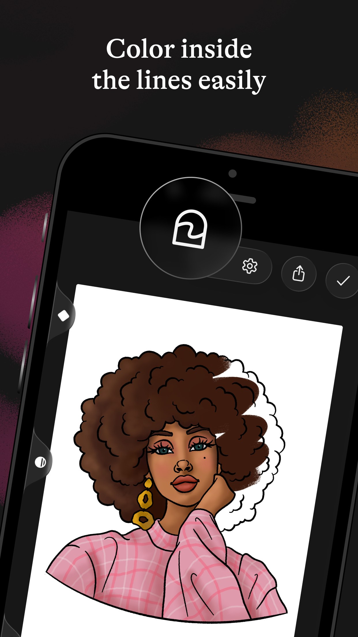 Lake: Coloring Book for Adults screenshot — colouring an illustrated portrait on iPhone