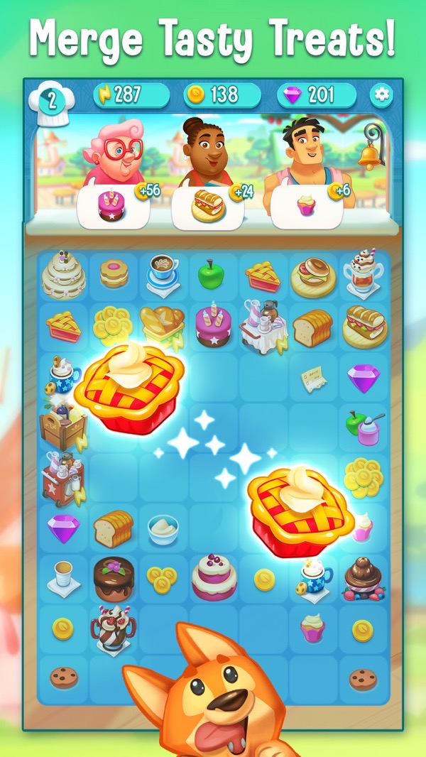 Love & Pies screenshot — merging café and bakery items on a board with an energy meter