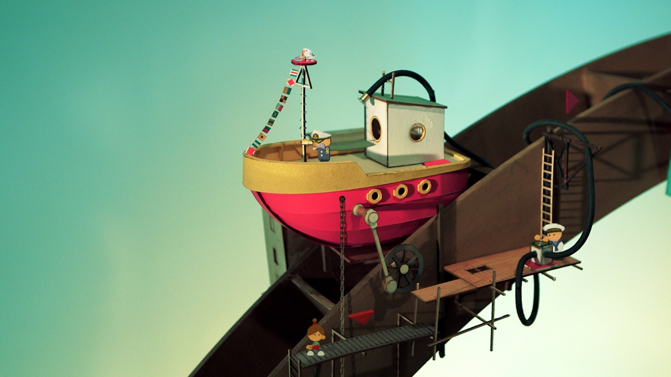 Lumino City screenshot — a tiny paper tugboat perched on a winding cardboard cityscape