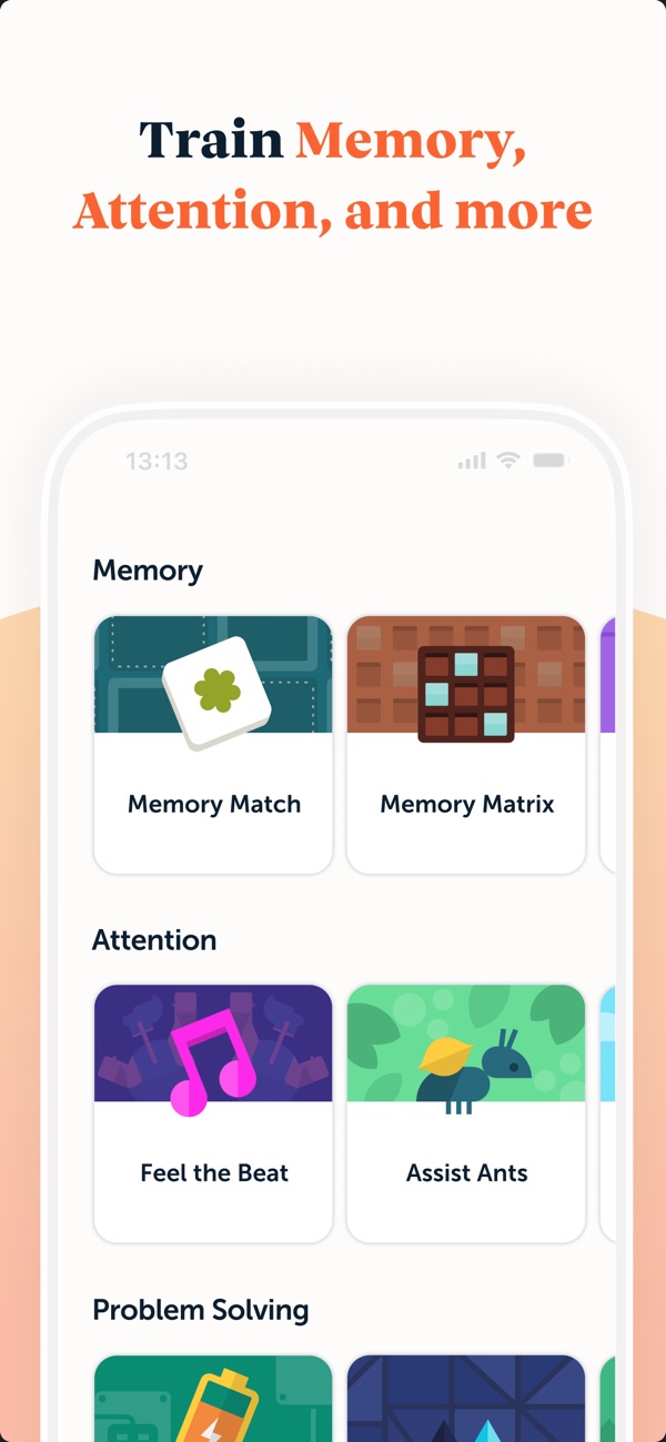 Lumosity screenshot — a menu of short, colourful mini brain games