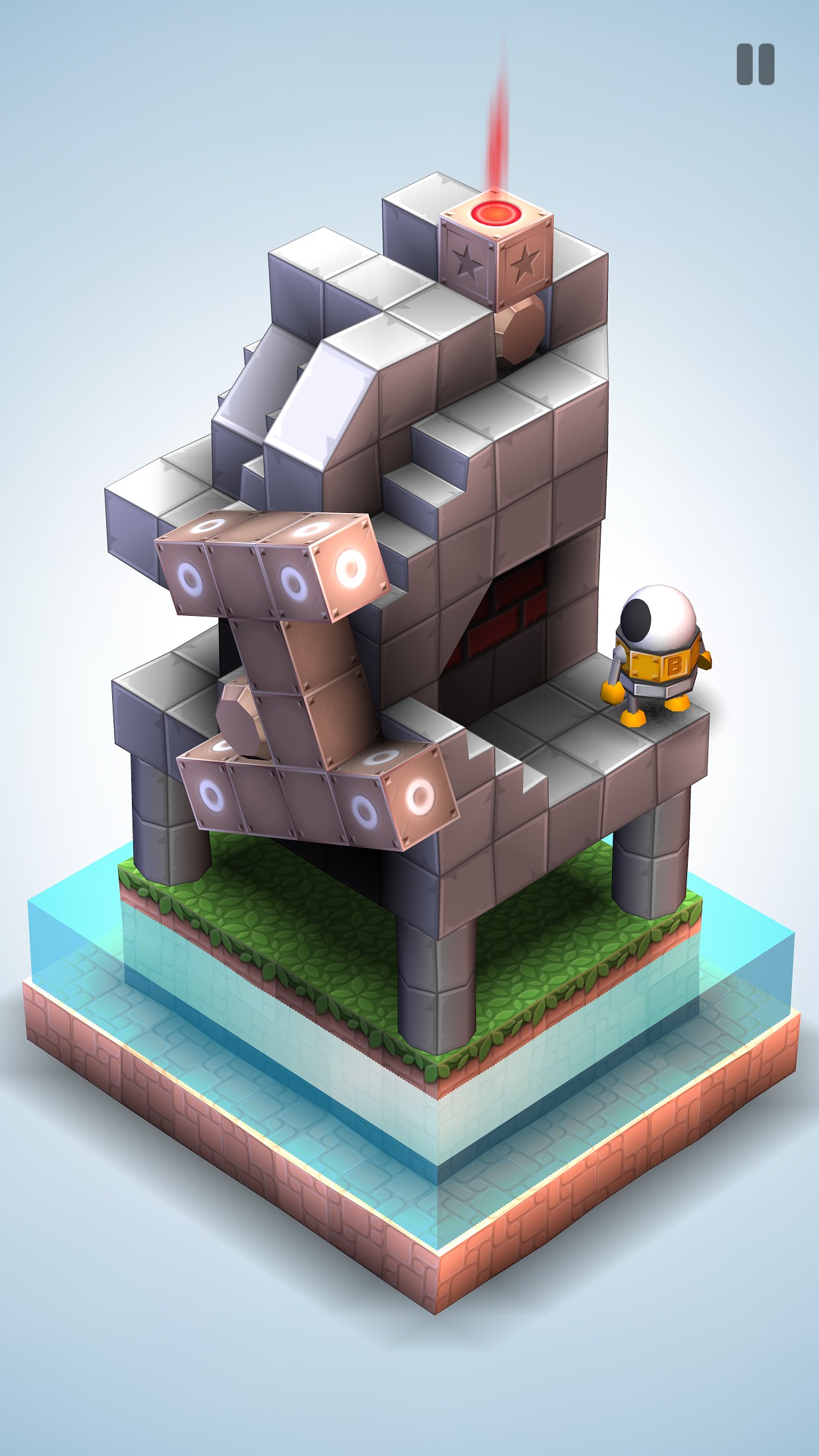 Mekorama gameplay screenshot — a tiny isometric robot diorama puzzle, the most Monument Valley-like geometry here